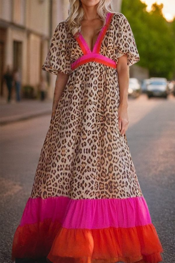 Full Size Leopard V-Neck Half Sleeve Maxi Dress Discount