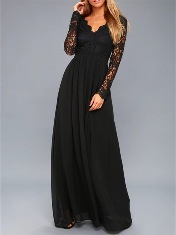 Lace Detail Backless Long Sleeve Maxi Dress on Sale