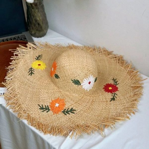 Hollow Raffia Hand Woven Straw Hat Embroidered Flowers Beach Hat Discount - Image 5