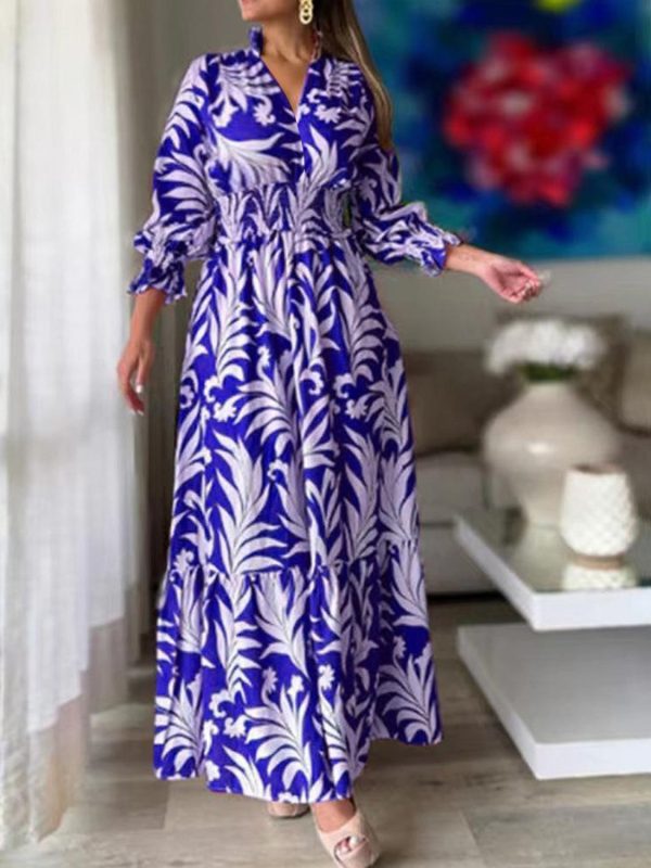 Printed Flounce Sleeve Maxi Dress Hot on Sale - Image 4