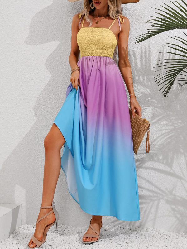 Honey Color Block Tie Shoulder Smocked Maxi Dress For Discount - Image 4