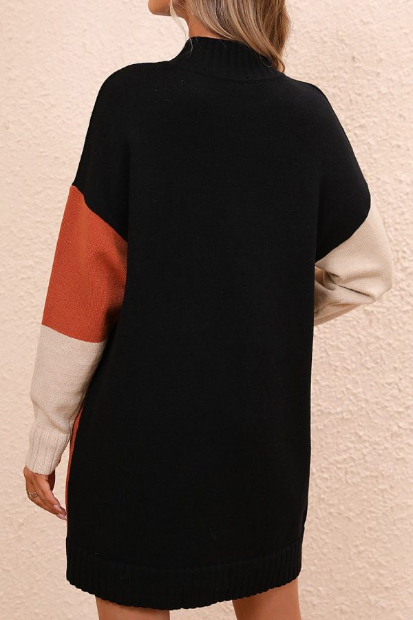 Color Block Mock Neck Dropped Shoulder Sweater Dress For Sale - Image 2
