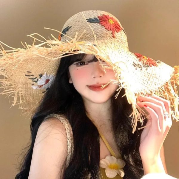 Hollow Raffia Hand Woven Straw Hat Embroidered Flowers Beach Hat Discount - Image 2