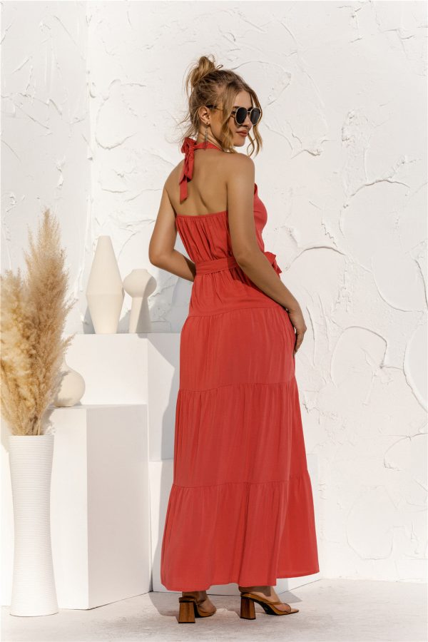 Halter Neck Tie Waist Tiered Maxi Dress Hot on Sale - Image 2