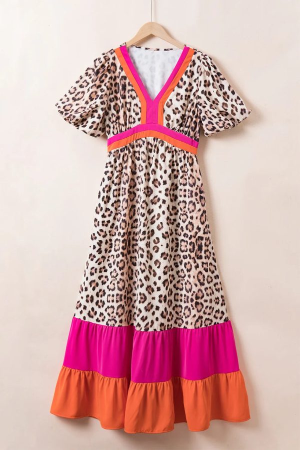 Full Size Leopard V-Neck Half Sleeve Maxi Dress Discount - Image 3