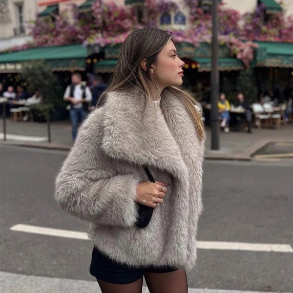 Luxury Gradient Faux Fur Overcoat with Big Fur Collar Fluffy Jacket on Sale - Image 2
