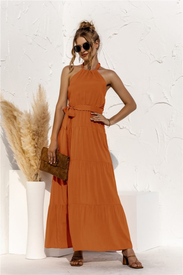 Halter Neck Tie Waist Tiered Maxi Dress Hot on Sale - Image 5
