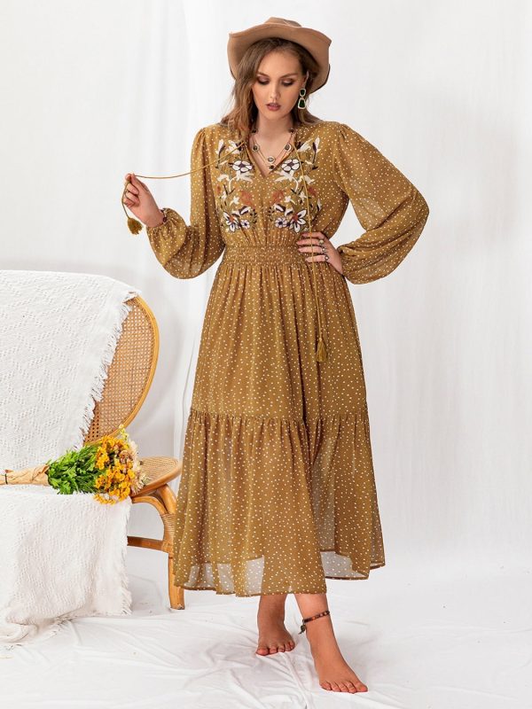 Plus Size Polka Dot Tie Neck Balloon Sleeve Maxi Dress Online Sale - Image 5