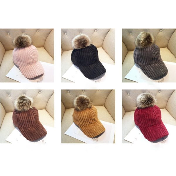 Corduroy Hair Ball Women Hat Cap Adjustable Baseball Caps Female Hat on Sale - Image 2