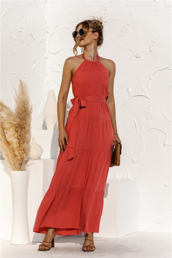 Halter Neck Tie Waist Tiered Maxi Dress Hot on Sale - Image 4