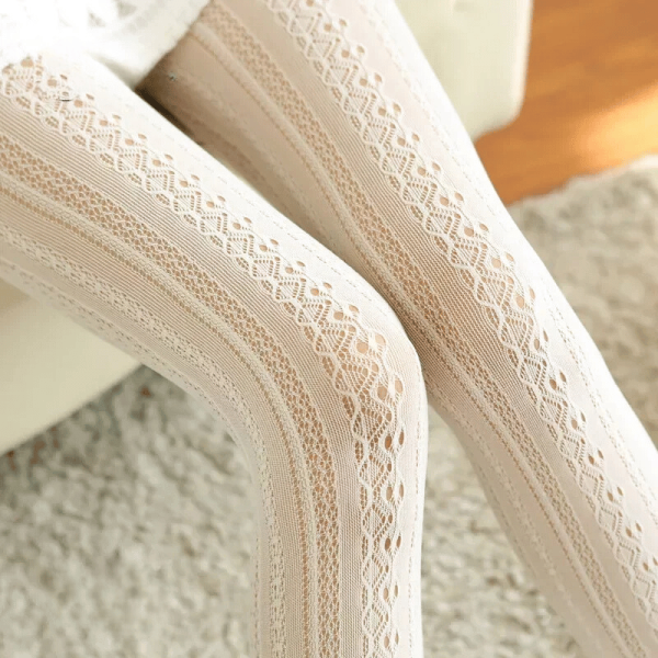 Lace Knitted Cotton Tights Hollow Out Striped Stockings Pantyhose Online Hot Sale - Image 3