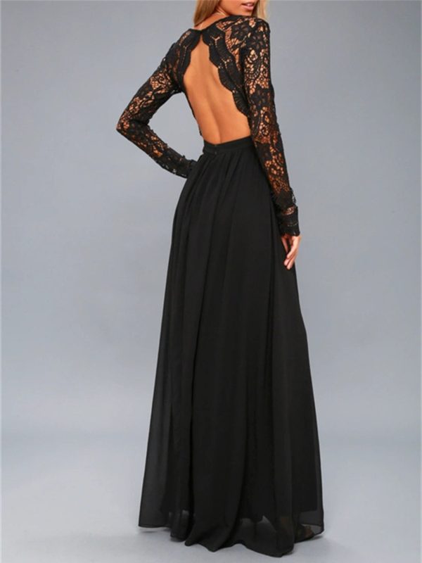 Lace Detail Backless Long Sleeve Maxi Dress on Sale - Image 2