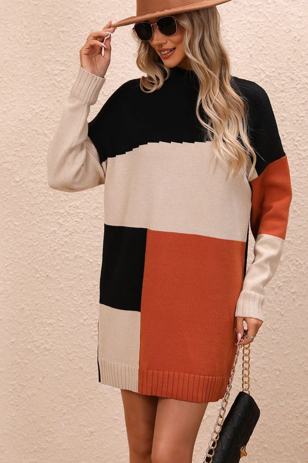 Color Block Mock Neck Dropped Shoulder Sweater Dress For Sale - Image 4