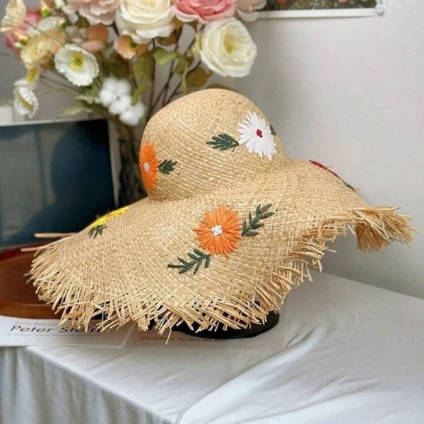 Hollow Raffia Hand Woven Straw Hat Embroidered Flowers Beach Hat Discount - Image 4
