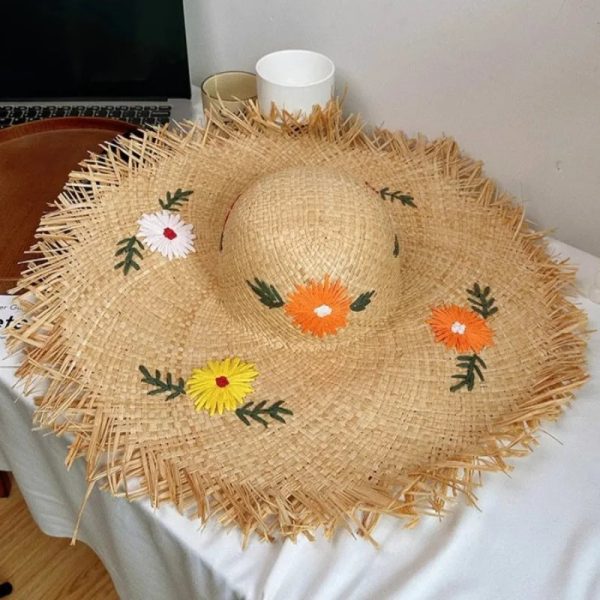Hollow Raffia Hand Woven Straw Hat Embroidered Flowers Beach Hat Discount - Image 3