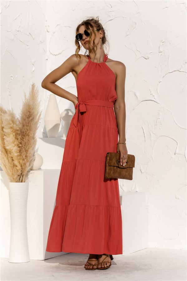Halter Neck Tie Waist Tiered Maxi Dress Hot on Sale - Image 3