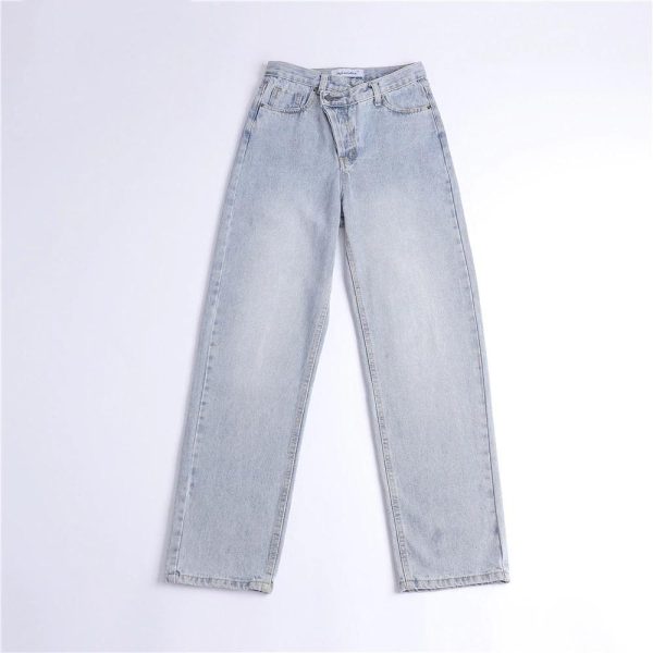Button Up Jeans for Women Irregular High Waisted Straight Baggy Jeans Online Sale - Image 2