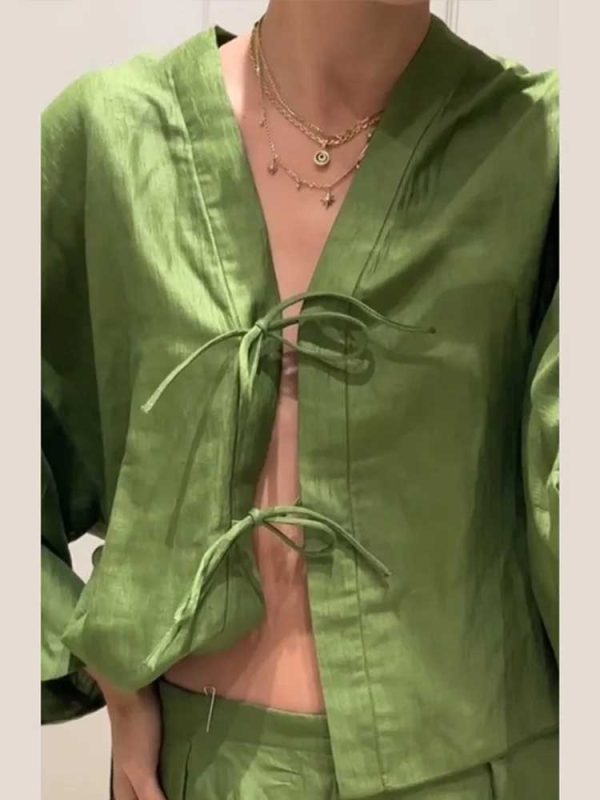 Casual Green Bow Lace Up Shirt Pant Set V-neck Long Sleeve Blouse Set For Cheap - Image 5