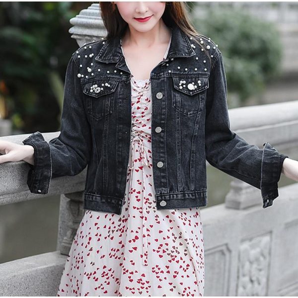 Pearl Beading Short Denim Jacket Sale - Image 4