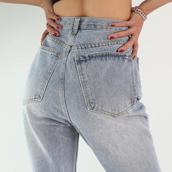 Button Up Jeans for Women Irregular High Waisted Straight Baggy Jeans Online Sale - Image 4