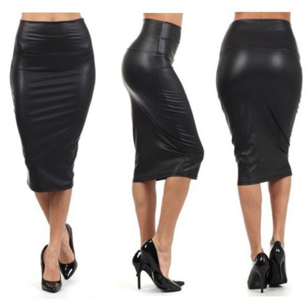 Back Split Women Skirt Black Bodycon Skirt High Waist PU Leather Skirt Online