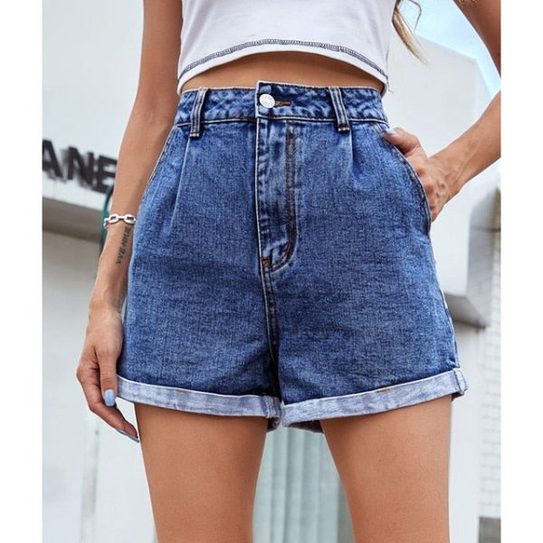 Solid High Waisted Straight Jean Short Casual Rolled Hem Denim Shorts Online Hot Sale - Image 3