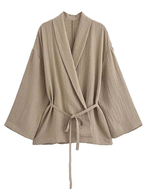 Linen Cotton Lace Up Shirt Pant Suit Long Sleeve Belt V-neck Top Set Discount - Image 5