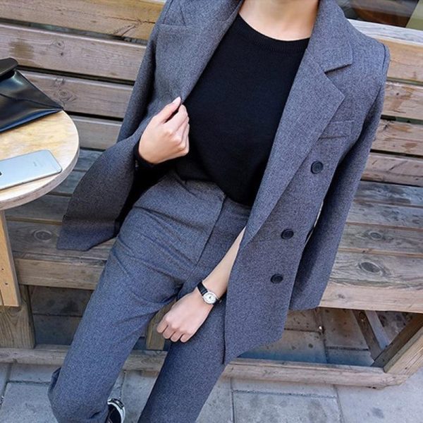 Grey Blazer Jacket & Zipper Trousers Suit Set Cheap