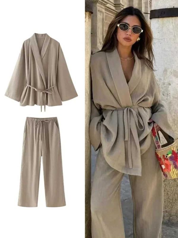 Linen Cotton Lace Up Shirt Pant Suit Long Sleeve Belt V-neck Top Set Discount