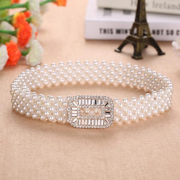Elegant Metal Pearl Elastic Belt Buckle Chain For Women Hot on Sale