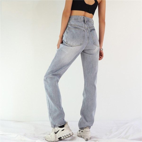 Button Up Jeans for Women Irregular High Waisted Straight Baggy Jeans Online Sale - Image 3
