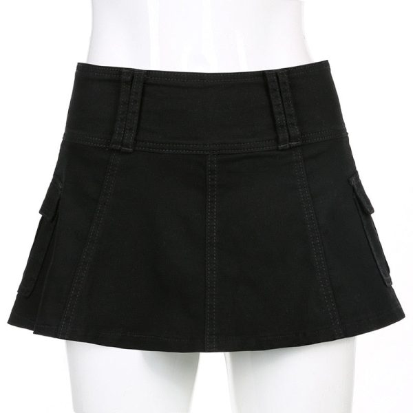 Low Waist Black Micro Skirts Streetwear Pockets Patchwork A-line Skirt Discount