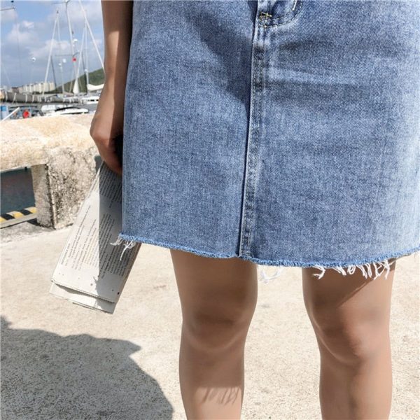 Denim Skirt Women Blue Solid Casual High Waist A Line Denim Skirt on Sale - Image 3