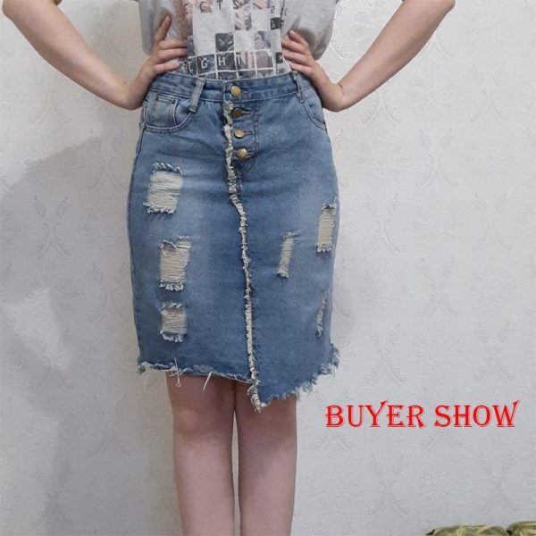 Light Blue Button Ripped Midi Denim Skirts For Discount - Image 3