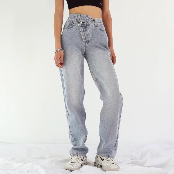 Button Up Jeans for Women Irregular High Waisted Straight Baggy Jeans Online Sale