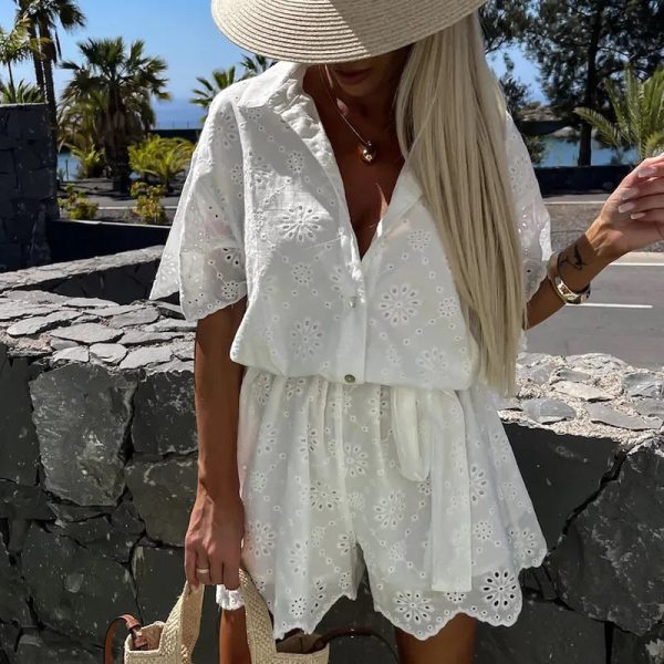 White Casual Lapel Short Romper Lace Embroidered Hollow Shirt Jumpsuit For Cheap - Image 2