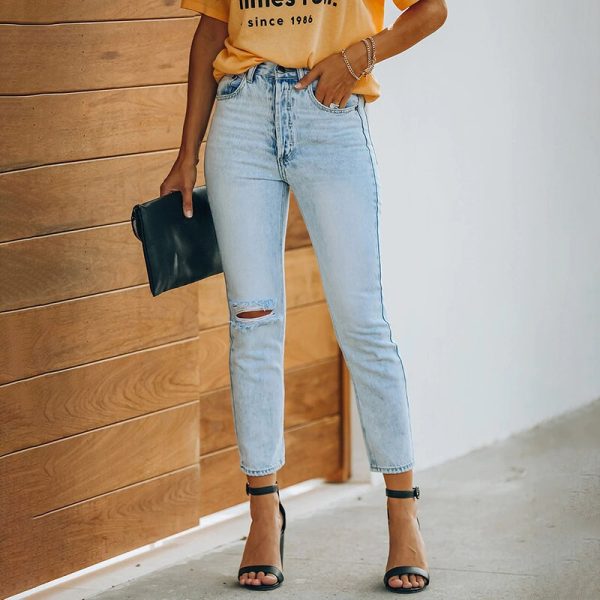 Women s Jeans Blue Hight Waist Casual Ripped Stretchy Skinny Jeans Fashion