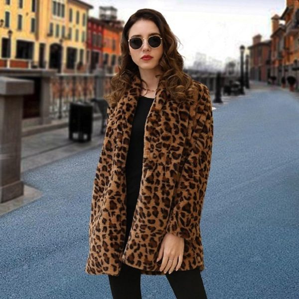 Winter Warm Plush Teddy Coat Long Leopard Print Faux Fur Jacket For Discount