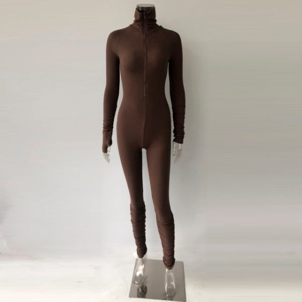 Rib Jumpsuit For Women Zipper Long Sleeve Rompers Casual Outfits on Sale - Image 3