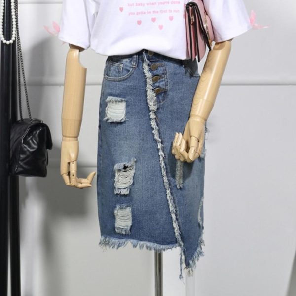 Light Blue Button Ripped Midi Denim Skirts For Discount - Image 5