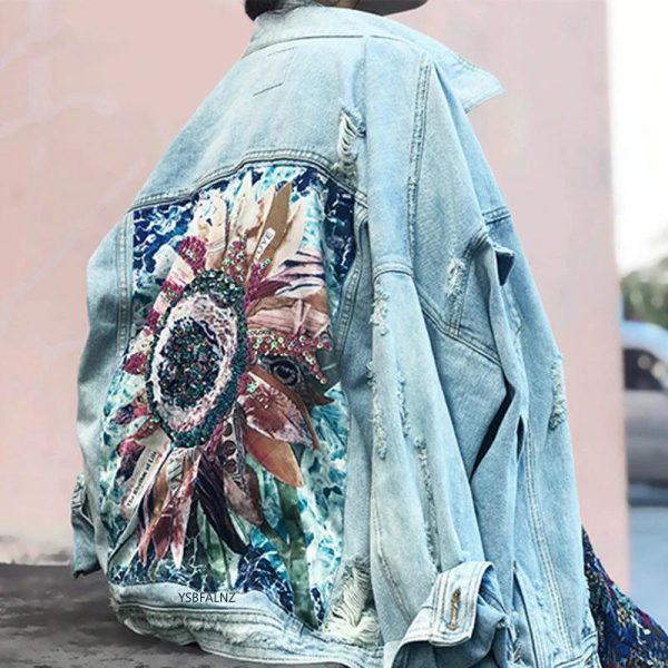 Denim Jacket Sequin Floral Appliques Embroidery Long Sleeve Outerwear Sale - Image 4