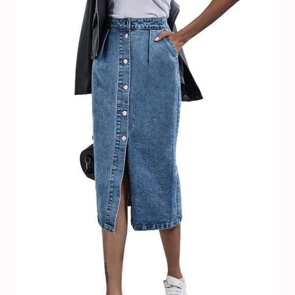 Single Breasted Knee Length Denim Skirt Women Casual High Waist Skirt Online Sale