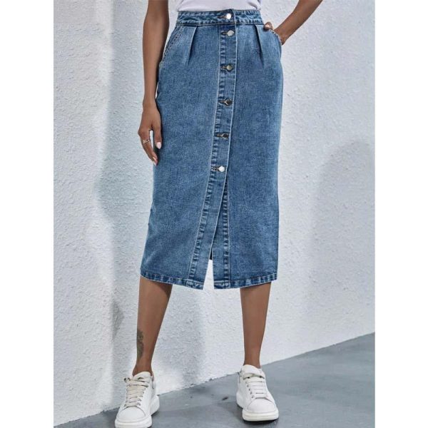 Single Breasted Knee Length Denim Skirt Women Casual High Waist Skirt Online Sale - Image 5