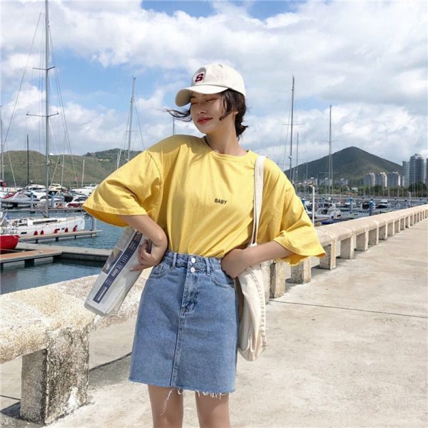 Denim Skirt Women Blue Solid Casual High Waist A Line Denim Skirt on Sale - Image 4
