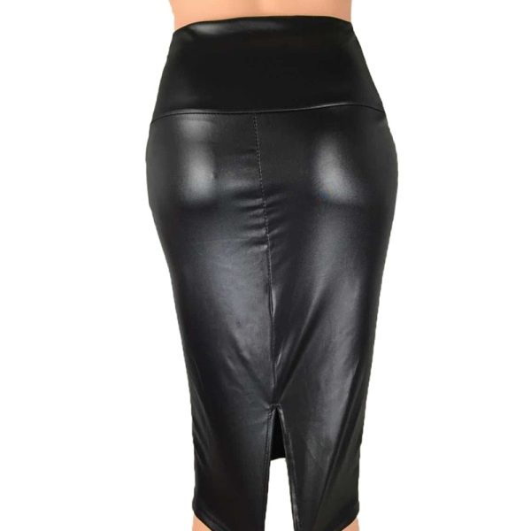 Back Split Women Skirt Black Bodycon Skirt High Waist PU Leather Skirt Online - Image 3