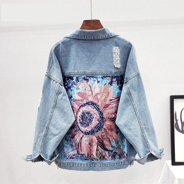 Denim Jacket Sequin Floral Appliques Embroidery Long Sleeve Outerwear Sale