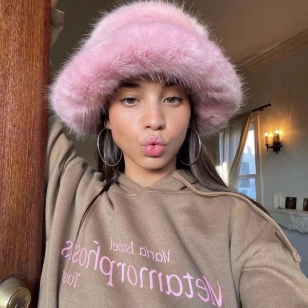 Fluffy Faux Fur Bucket Hats Women Warm Thick Plush Winter Hat Online Hot Sale